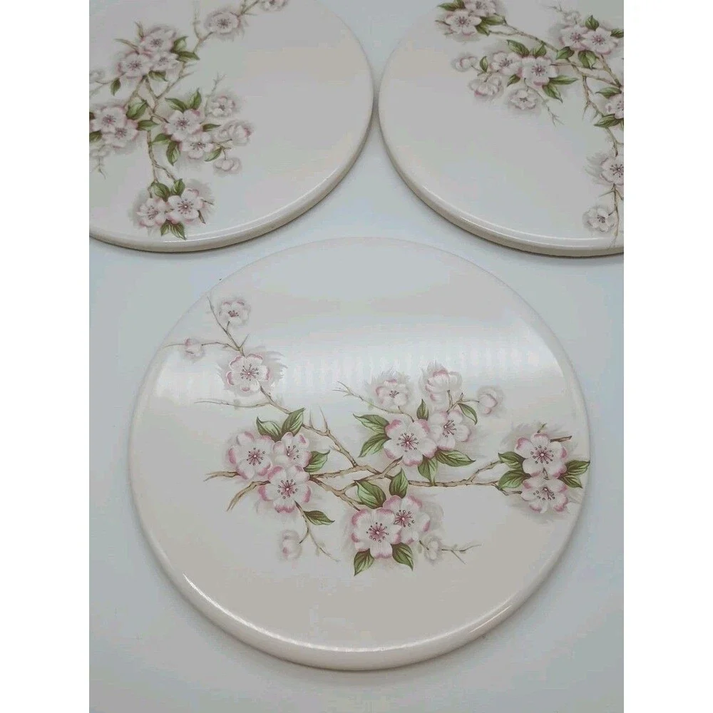 Vtg Mid-State Ceramic Trivets Cherry Spring Blossom 6